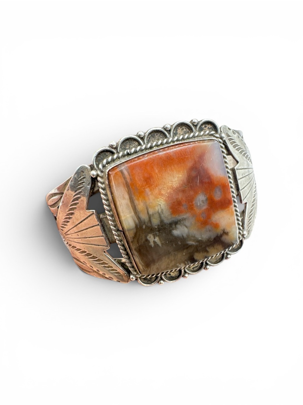 Vintage 1940s Navajo Fred Harvey Era Heavy Sterling Silver Petrified Wood Cuff - Picture 2 of 10
